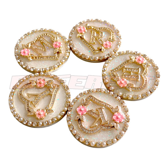 ゴルフマーカー ハートにアルファベット クリスタル&フェイクパールダイヤレーン デコ イニシャルマーカー 30mm ハットクリップ付